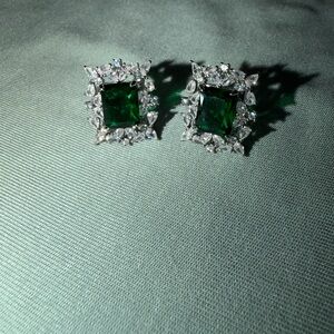 Emerald Green Square Halo Stud Earrings by